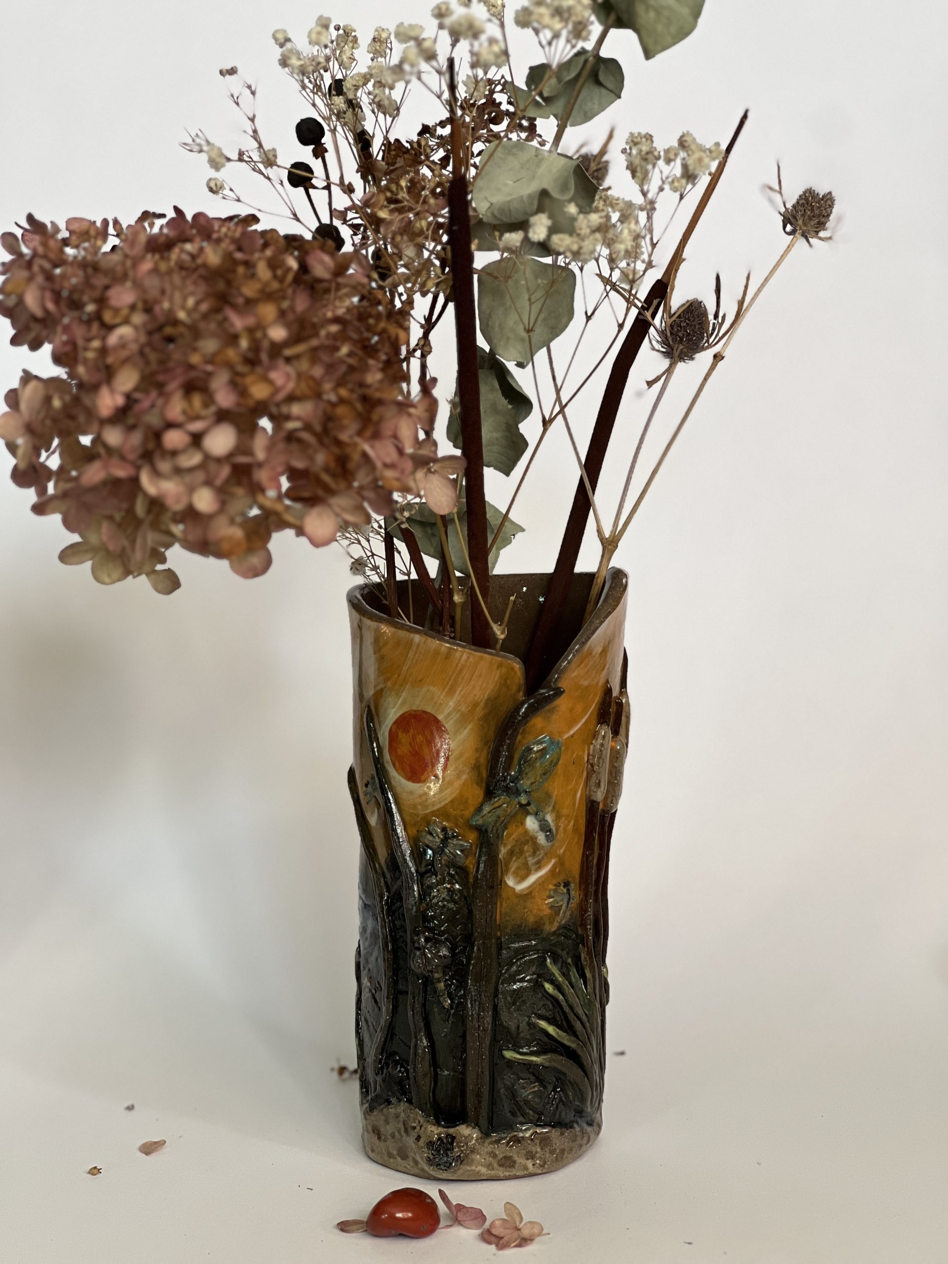Dragonfly Clay Creations, Pottery Studio, Cornwall, Ontario, Canada, Bernadette Lapierre, Vase and Planters, transformation of a dragonfly from nymph to adult