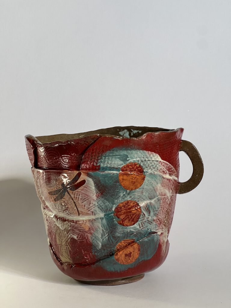 Planter Layered Clay Vessel with Dragonfly and Circles