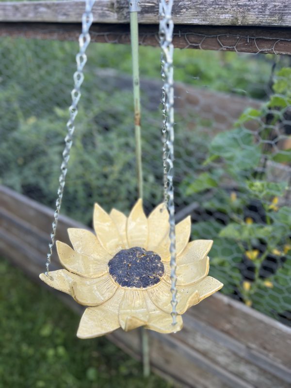 Pottery, One-of-a-kind, bird bath, sunflower, Cornwall, Ontario, Dragonfly Clay Creations, Pottery Studio